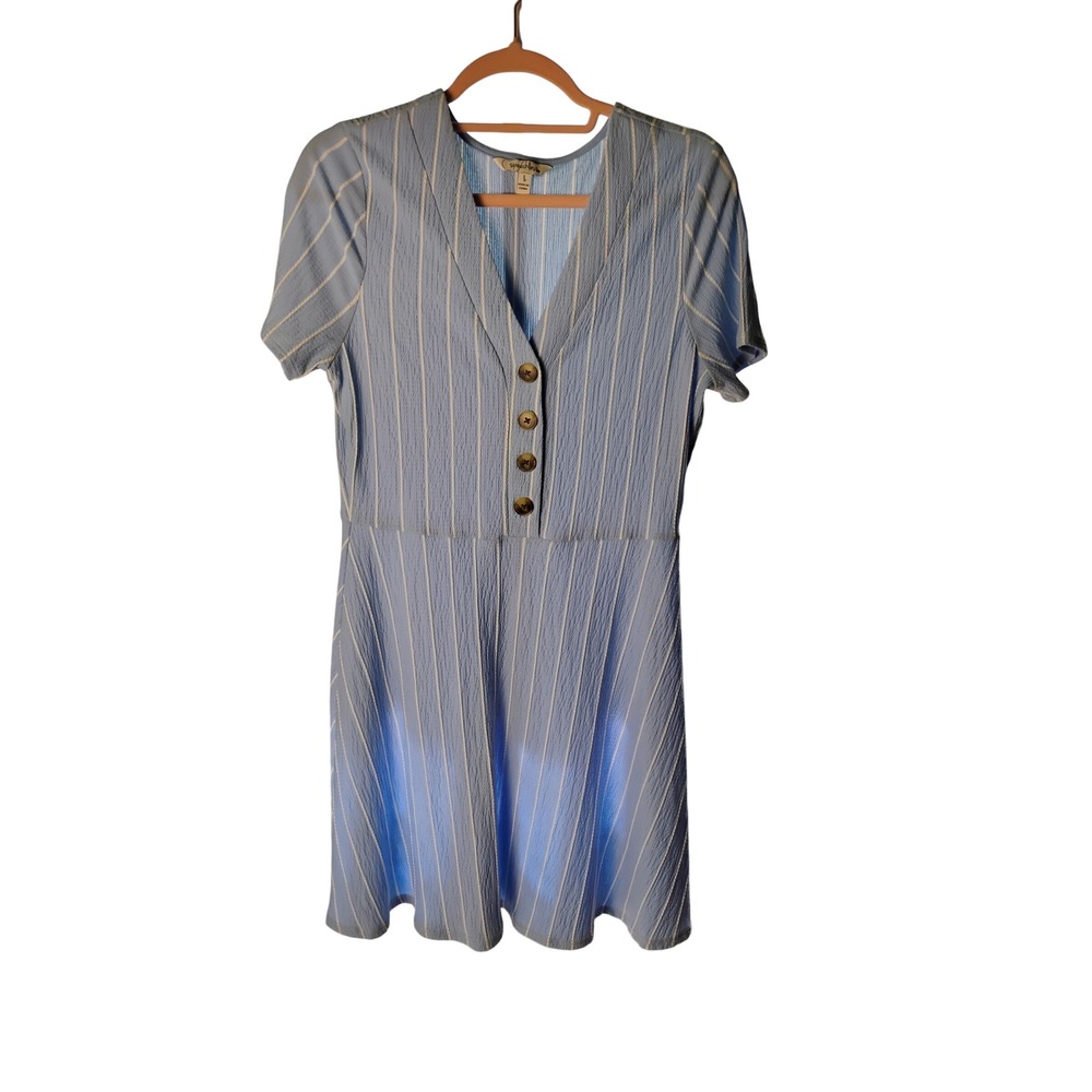 Speechless Women's Blue Striped Button Down V Neck Fit‎ and Flare Casual Dress